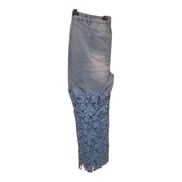 URSIME Blue Jeans Womens Plus Size 4XL Lace Cut Out Patchwork Leg Pants 🔥 - Picture 5 of 14